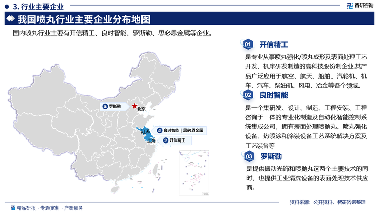 其中开信精工是专业从事喷丸强化/喷丸成形及表面处理工艺开发、机床研发制造的高科技股份制企业,其产品广泛应用于航空、航天、船舶、汽轮机、机车、汽车、柴油机、风电、冶金等各个领域。良时智能是一个集研发、设计、制造、工程安装、工程咨询于一体的专业化制造及自动化智能控制系统集成公司，拥有表面处理喷抛丸、喷丸强化设备、热喷涂和涂装设备工艺系统解决方案及工艺装备等。罗斯勒是提供振动光饰和喷抛丸这两个主要技术的同时，也提供工业清洗设备的表面处理技术供应商。