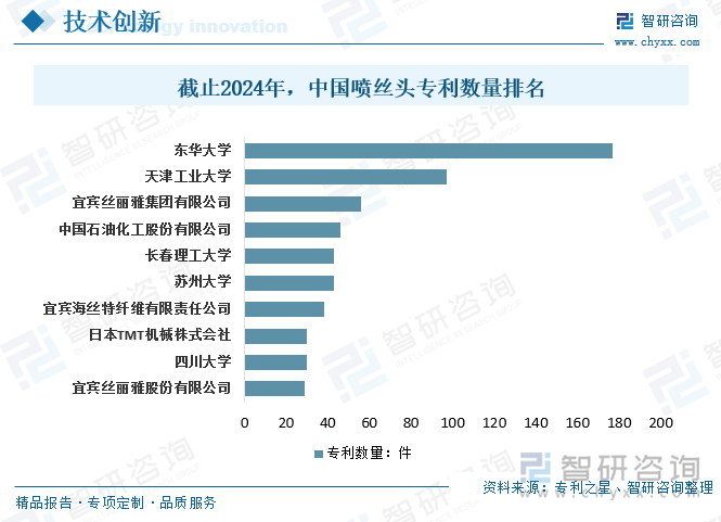 截止2024年，中国喷丝头行业专利数量排名