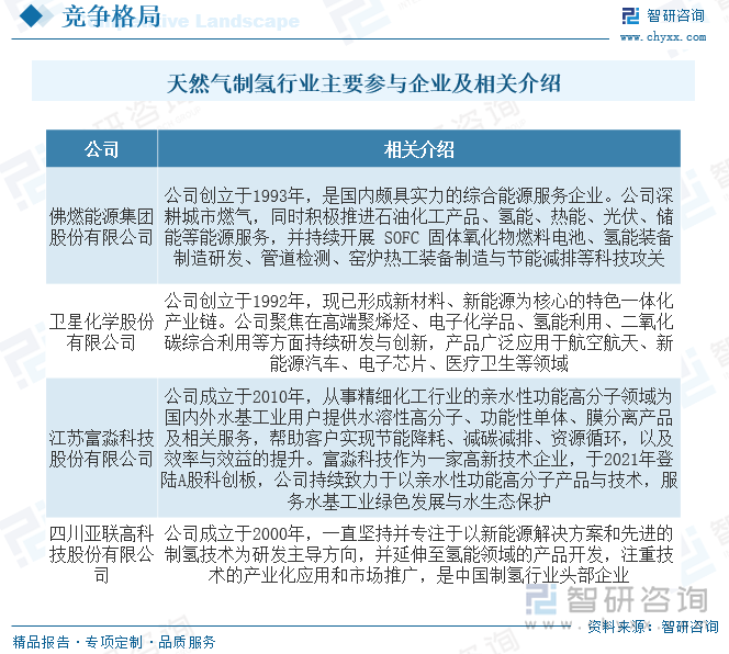 具体来看，我国天然气制氢企业依据企业的注册资本划分，可分为3个竞争梯队。其中，注册资本大于100亿元的企业有中国石油、国家能源集团、中国石化、宝武集团、河钢集团；注册资本在10－100亿元之间的企业有：宝丰能源、美锦能源、隆基股份、鸿达兴业、亿利洁能等；华昌化工、凯美特气、东华科技、航天工程、金马能源等企业的注册资本在10亿元以下。从中可以发现，头部企业多数属于中央及地方国有企业。从国内氢能源上市企业的性质来看，氢能源领域中国有上市企业不在少数，其中有多个属于中央国有企业，竞争较为激烈。