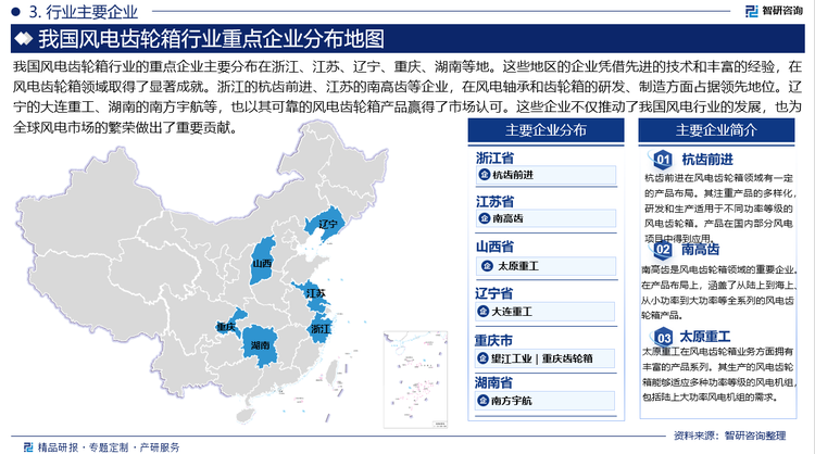 我国风电齿轮箱行业的重点企业主要分布在浙江、江苏、辽宁、重庆、湖南等地。这些地区的企业凭借先进的技术和丰富的经验，在风电齿轮箱领域取得了显著成就。浙江的杭齿前进、江苏的南高齿等企业，在风电轴承和齿轮箱的研发、制造方面占据领先地位。辽宁的大连重工、湖南的南方宇航等，也以其可靠的风电齿轮箱产品赢得了市场认可。这些企业不仅推动了我国风电行业的发展，也为全球风电市场的繁荣做出了重要贡献。