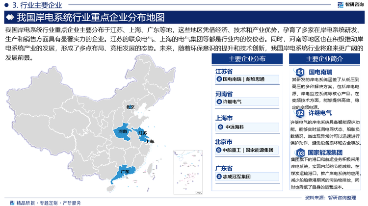 我国岸电系统行业重点企业主要分布于江苏、上海、广东等地，这些地区凭借经济、技术和产业优势，孕育了多家在岸电系统研发、生产和销售方面具有显著实力的企业。江苏的联众电气、上海的电气集团等都是行业内的佼佼者。同时，河南等地区也在积极推动岸电系统产业的发展，形成了多点布局、竞相发展的态势。未来，随着环保意识的提升和技术创新，我国岸电系统行业将迎来更广阔的发展前景。