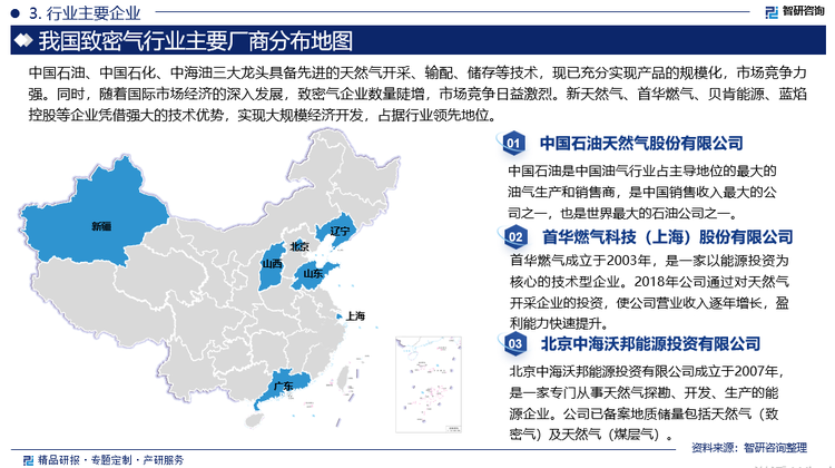 目前，我国致密气行业竞争主体形成了国有、集体、私营、合资、独资等多种所有制并存的局面，其中国有企业是我国致密气生产主力。中国石油、中国石化、中海油三大龙头具备先进的天然气开采、输配、储存等技术，现已充分实现产品的规模化，市场竞争力强。同时，随着国际市场经济的深入发展，致密气企业数量陡增，市场竞争日益激烈。新天然气、首华燃气、贝肯能源、蓝焰控股等企业凭借强大的技术优势，实现大规模经济开发，占据行业领先地位。