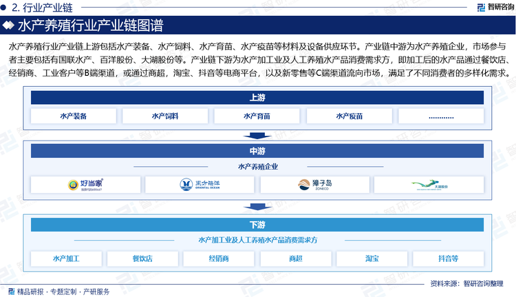 水產(chǎn)養(yǎng)殖行業(yè)產(chǎn)業(yè)鏈上游包括水產(chǎn)裝備、水產(chǎn)飼料、水產(chǎn)育苗、水產(chǎn)疫苗等材料及設(shè)備供應(yīng)環(huán)節(jié)。產(chǎn)業(yè)鏈中游為水產(chǎn)養(yǎng)殖企業(yè)，市場(chǎng)參與者主要包括有國(guó)聯(lián)水產(chǎn)、百洋股份、大湖股份等。產(chǎn)業(yè)鏈下游為水產(chǎn)加工業(yè)及人工養(yǎng)殖水產(chǎn)品消費(fèi)需求方，即加工后的水產(chǎn)品通過(guò)餐飲店、經(jīng)銷商、工業(yè)客戶等B端渠道，或通過(guò)商超，淘寶、抖音等電商平臺(tái)，以及新零售等C端渠道流向市場(chǎng)，滿足了不同消費(fèi)者的多樣化需求。