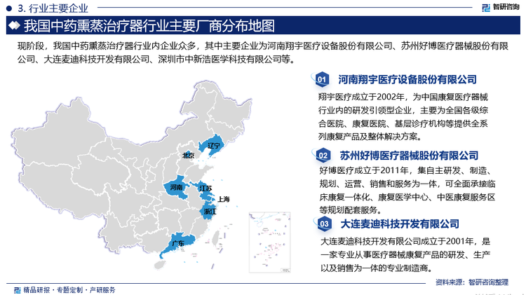 中药熏蒸治疗器可以用于治疗关节疾病、内科疾病、外科疾病、妇科疾病等，用途广泛。近年来，随着国家对中医药产业的重视程度不断提高，中医类医疗器械的研发也得到了有效的支撑，而以中医治未病为理念研发的中药熏蒸治疗器也得到了长足发展，大量企业涌入中药熏蒸治疗器赛道，产业竞争也逐渐加剧。现阶段，我国中药熏蒸治疗器行业内企业众多，其中主要企业为河南翔宇医疗设备股份有限公司、苏州好博医疗器械股份有限公司、大连麦迪科技开发有限公司、深圳市中新浩医学科技有限公司等。