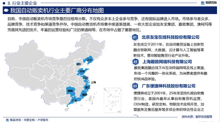 自动贩卖机是由劳动密集型的产业构造向技术密集型社会转变的产物。中国是资本短缺国家，劳动力富余国家。受中国人的消费习惯影响，自动贩卖机遭到人为破坏导致成本上升，市场发展空间受限。因而长期以来我国自动贩卖机市场未能形成具有一定影响力的品牌。近年来，中国劳动力与租金成本的上升，使得实体门店的生意利润压缩。租金与劳动力成本的压力，加上人均收入的转折点，为国内无人、占地面积小的自动贩卖生意提供爆发的契机，我国自动贩卖机制造及运营企业陡增。目前，中国自动贩卖机市场竞争激烈且格局分散。不仅有众多本土企业参与竞争，还有国际品牌进入市场。市场参与者众多，品牌竞争、技术竞争和渠道竞争并存。中国自动售货机市场集中度逐渐提高，一些大型企业如友宝集团、趣致集团、澳柯玛等凭借其先进的技术、丰富的运营经验和广泛的渠道网络，在市场中占据了重要地位。