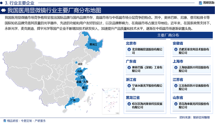 我国医用显微镜市场竞争格局呈现出国际品牌与国内品牌并存、高端市场与中低端市场分层竞争的特点。其中，奥林巴斯、尼康、蔡司和徕卡等国际知名品牌凭借其质量的光学器件、先进的功能和用户友好的设计，以及品牌影响力，在高端市场占据主导地位。近年来，在国家政策支持下，永新光学、麦克奥迪、舜宇光学等国产企业不断增加技术研发投入，加速提升产品质量和技术水平，逐渐在中低端市场逐渐崭露头角，部分企业也在个别高端产品细分领域取得突破，使得我国医用显微镜产业国产替代进程正在加速推进。