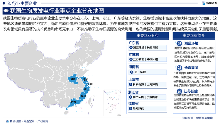 我国生物质发电行业的重点企业主要集中分布在江苏、上海、浙江、广东等经济发达、生物质资源丰富且政策扶持力度大的地区。这些地区凭借雄厚的经济实力、稳定的原料供应和良好的政策环境，为生物质发电产业的发展提供了有力支撑。这些重点企业在生物质发电领域具有显著的技术优势和市场竞争力，不仅推动了生物质能源的高效利用，也为我国的能源转型和可持续发展做出了重要贡献。