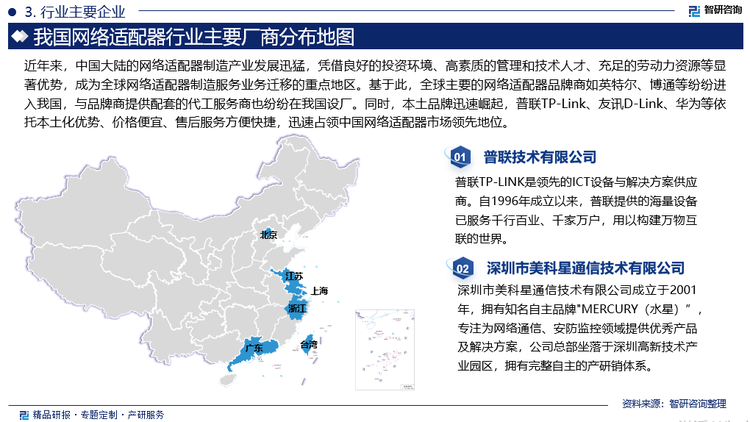 近年来，中国大陆的网络适配器制造产业发展迅猛，凭借良好的投资环境、高素质的管理和技术人才、充足的劳动力资源等显著优势，成为全球网络适配器制造服务业务迁移的重点地区。基于此，全球主要的网络适配器品牌商如英特尔、博通等纷纷进入我国，与品牌商提供配套的代工服务商也纷纷在我国设厂。同时，本土品牌迅速崛起，‌普联TP-Link‌、‌友讯D-Link、华为等依托本土化优势、价格便宜、售后服务方便快捷，迅速占领中国网络适配器市场领先地位。随着国际顶级公司的进入和本土企业的成长，中国大陆已成为全球网络适配器制造服务业务最重要的区域。