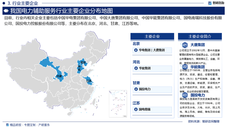 我国电力辅助服务企业众多，企业也呈现出多元化竞争特点。在传统的火电和抽水蓄能领域，一些大型发电集团如华能、大唐、华电等拥有较强的技术实力和资源优势，占据了较大的市场份额。此外，随着新能源产业的发展，风能、太阳能等可再生能源企业也逐渐涉足电力辅助服务领域，成为市场的新兴力量。随着电力市场的改革和新型电力系统的发展，负荷聚合商、虚拟电厂、新型储能等用户侧资源也逐渐成为电力辅助服务市场的重要参与者。这些企业通过提供智能用电、需求响应等解决方案，满足用户对电力辅助服务的需求，也在市场中占据了一定的份额。总体来说，中国电力辅助服务企业格局是一个多元化的市场，各种类型的企业都在努力提升自身的技术和服务水平，以适应市场的变化和满足用户的需求。