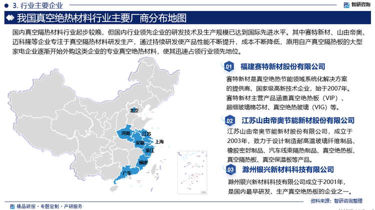 真空隔热材料作为一种新型绝热材料，发源于国外，国内真空隔热材料行业起步较晚，但国内行业领先企业的研发技术及生产规模已达到国际先进水平。其中赛特新材、山由帝奥、迈科隆等企业专注于真空隔热材料研发生产，通过持续研发使产品性能不断提升，成本不断降低，原用自产真空隔热板的大型家电企业逐渐开始外购这类企业的专业真空绝热材料，使其迅速占领行业领先地位。同时，滁州银兴新材料科技有限公司、河南万里绝热材料股份有限公司、江苏华来普深冷科技有限公司、洛阳三合新材料科技有限公司等中小型真空隔热材料生产商也开始崭露头角，参与市场竞争。