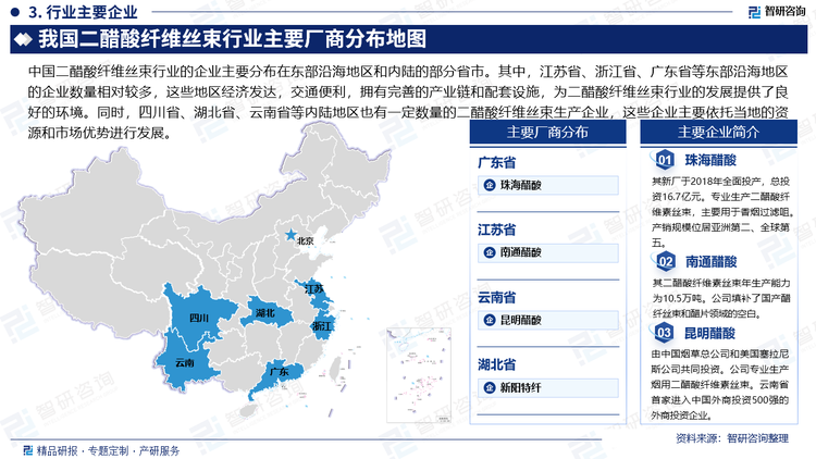 中国二醋酸纤维丝束行业的企业主要分布在东部沿海地区和内陆的部分省市。其中，江苏省、浙江省、广东省等东部沿海地区的企业数量相对较多，这些地区经济发达，交通便利，拥有完善的产业链和配套设施，为二醋酸纤维丝束行业的发展提供了良好的环境。同时，四川省、湖北省、云南省等内陆地区也有一定数量的二醋酸纤维丝束生产企业，这些企业主要依托当地的资源和市场优势进行发展。