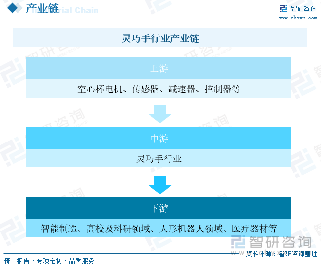 靈巧手產(chǎn)業(yè)鏈上游為核心零部件，包括空心杯電機(jī)、傳感器、減速器、控制器、絲杠、假肢手等；中游為機(jī)器人靈巧手生產(chǎn)制造，產(chǎn)品主要為電機(jī)驅(qū)動式機(jī)器人多指靈巧手、氣動驅(qū)動式機(jī)器人多指靈巧手、形狀記憶合金驅(qū)動式機(jī)器人多指靈巧手；下游應(yīng)用為機(jī)器人，進(jìn)一步應(yīng)用于智能制造、高校及科研、醫(yī)療器材、航空航天等領(lǐng)域。