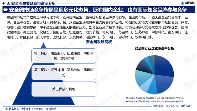 安全阀市场竞争格局呈现多元化态势，既有国内企业，也有国际知名品牌参与竞争。在国内市场，一些大型企业凭借技术、品牌、资金等优势，占据了较大的市场份额。这些企业通常具有较为完善的产品线、较强的研发能力和较高的市场知名度。同时，随着行业门槛的提高，中小型企业面临较大的生存压力，部分企业通过技术创新、市场细分等方式寻求差异化竞争优势。国内安全阀生产商主要有川仪股份、智能自控、纽威股份、冠龙节能、奇众阀门、苏盐阀门、江苏神通、中核科技、南方阀门、江南阀门、伟隆股份、航天装备、上阀股份、东吴机械、电站阀门、永一阀门、罗浮阀门、双泰阀门等。