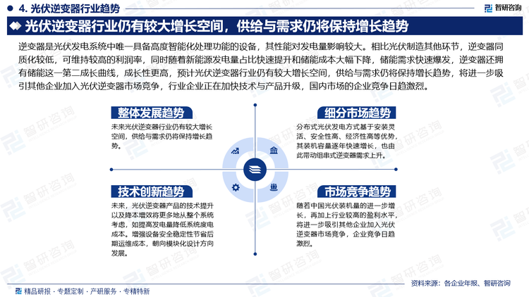 逆變器是光伏發(fā)電系統(tǒng)中唯一具備高度智能化處理功能的設(shè)備，其性能對發(fā)電量影響較大。相比光伏制造其他環(huán)節(jié)，逆變器同質(zhì)化較低，可維持較高的利潤率，同時隨著新能源發(fā)電量占比快速提升和儲能成本大幅下降，儲能需求快速爆發(fā)，逆變器還擁有儲能這一第二成長曲線，成長性更高，預(yù)計光伏逆變器行業(yè)仍有較大增長空間，供給與需求仍將保持增長趨勢，將進一步吸引其他企業(yè)加入光伏逆變器市場競爭，行業(yè)企業(yè)正在加快技術(shù)與產(chǎn)品升級，國內(nèi)市場的企業(yè)競爭日趨激烈。