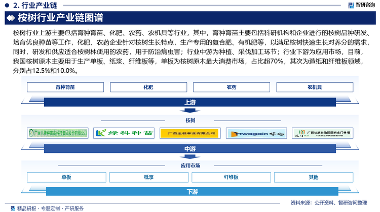 桉树行业上游主要包括育种育苗、化肥、农药、农机具等行业，其中，育种育苗主要包括科研机构和企业进行的桉树品种研发、培育优良种苗等工作，化肥、农药企业针对桉树生长特点，生产专用的复合肥、有机肥等，以满足桉树快速生长对养分的需求，同时，研发和供应适合桉树林使用的农药，用于防治病虫害；行业中游为种植、采伐加工环节；行业下游为应用市场，目前，我国桉树原木主要用于生产单板、纸浆、纤维板等，单板为桉树原木最大消费市场，占比超70%，其次为造纸和纤维板领域，分别占12.5%和10.0%。