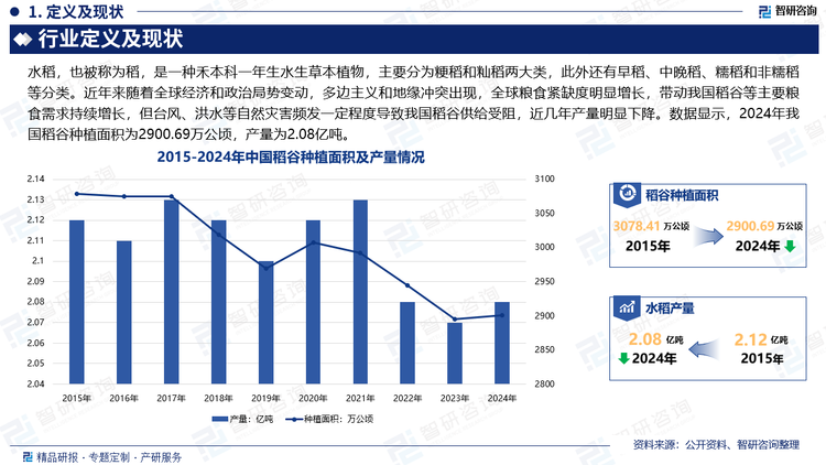 中国是世界水稻生产和消费大国，世界水稻矮秆育种的绿色革命起源于中国，举世闻名的水稻杂交优势利用也在中国首先应用于生产，为推动世界水稻单产的提升作出了巨大贡献，近年来随着全球经济和政治局势变动，多边主义和地缘冲突出现，全球粮食紧缺度明显增长，带动我国稻谷等主要粮食需求持续增长，但台风、洪水等自然灾害频发一定程度导致我国稻谷供给受阻，近几年产量明显下降。数据显示，2024年我国稻谷种植面积为2900.69万公顷，产量为2.08亿吨。