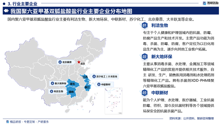 其中利洁生物专注于个人健康和护理领域内的抗菌、防霉防腐产品生产和技术开发。主营产品功能为消毒、杀菌、防霉、防腐，客户定位为以日化用品生产商为主、逐步向其他工业客户拓展。新大地环保主要从事消毒杀菌、水处理、金属加工等领域精细化工产品的贸易并提供相关技术服务，自主 研发、生产、销售医用消毒剂和水处理药剂等精细化工产品。拥有杀菌剂XDD-PHMB聚六亚甲基双胍盐酸盐。中联新材能为个人护理、水处理、医疗器械、工业抗菌防霉、纺织、湿巾及抗菌材料等各个领域提供环保安全的抗菌杀菌产品。