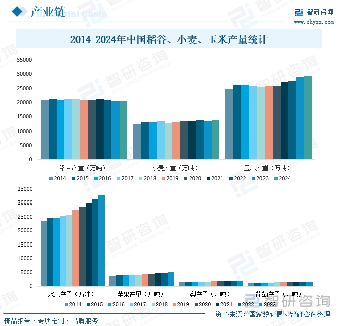 2014-2024年中国稻谷、小麦、玉米、水果产量统计