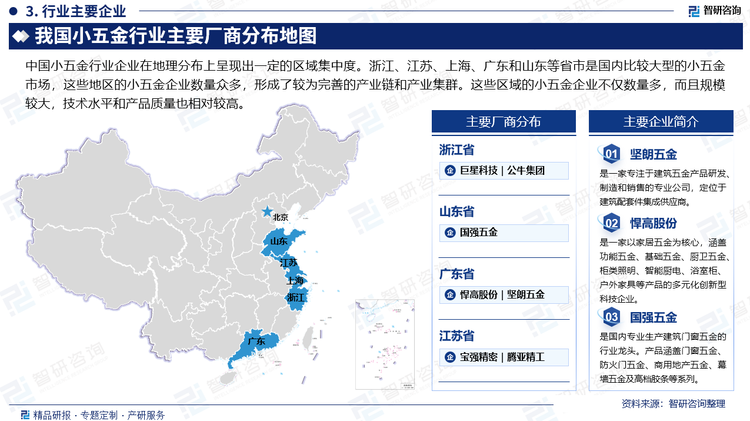 中国小五金行业企业在地理分布上呈现出一定的区域集中度。浙江、江苏、上海、广东和山东等省市是国内比较大型的小五金市场，这些地区的小五金企业数量众多，形成了较为完善的产业链和产业集群。这些区域的小五金企业不仅数量多，而且规模较大，技术水平和产品质量也相对较高。