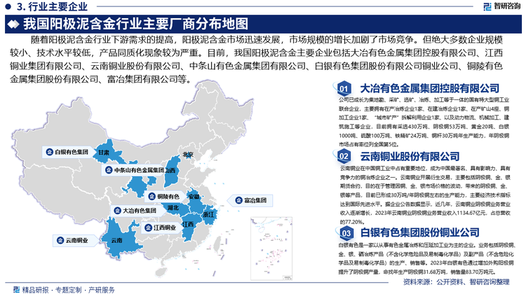 目前，我国阳极泥含金行业主要企业包括大冶有色金属集团控股有限公司、江西铜业集团有限公司、云南铜业股份有限公司、中条山有色金属集团有限公司、白银有色集团股份有限公司铜业公司、铜陵有色金属集团股份有限公司、富冶集团有限公司等。