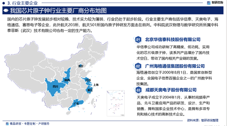 近年来，美国与欧洲各国的芯片原子钟研发技术能力一直领先于其他国家和地区，尤其是美国，其开始研制的时间较早、基础雄厚，综合实力一直独占鳌头。国内的芯片原子钟发展起步相对较晚，技术实力较为薄弱，行业仍处于起步阶段。行业主要生产商包括华信泰、天奥电子、海格通信、赛思电子等企业，此外航天203所、航天501所国内原子钟研发方面走在前列。中科院武汉物理与数学研究所所属中科泰菲斯（武汉）技术有限公司也有一定的生产能力。