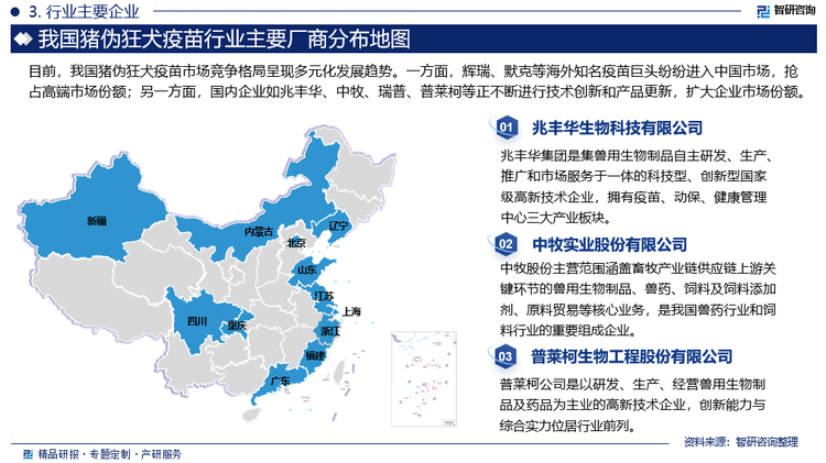 目前，我国猪伪狂犬疫苗市场竞争格局呈现多元化发展趋势。一方面，辉瑞、默克等海外知名疫苗巨头纷纷进入中国市场，抢占高端市场份额；另一方面，国内企业如兆丰华、中牧、瑞普、普莱柯等正不断进行技术创新和产品更新，扩大企业市场份额。在猪伪狂犬疫苗市场竞争中，品牌和产品品质成为企业争夺市场份额的关键因素。知名品牌疫苗因其良好的市场口碑和较高的免疫效果，在市场上占据了一定的优势。同时，企业间的竞争也促使疫苗产品不断优化，推动行业高质量发展。