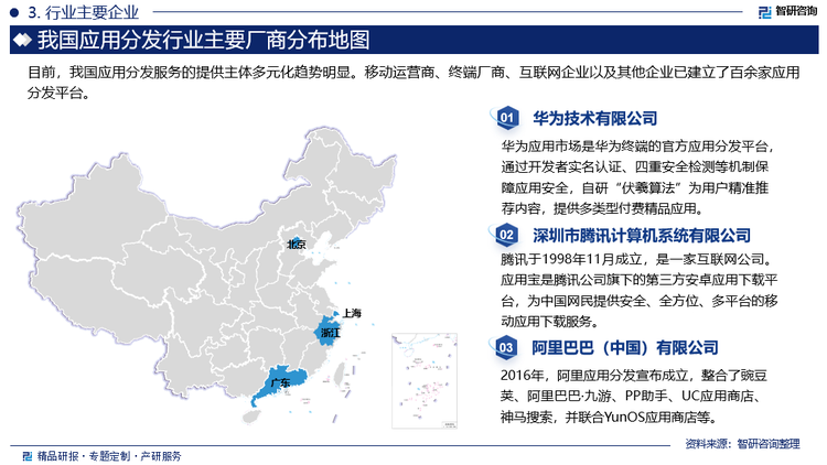 目前，我国应用分发服务的提供主体多元化趋势明显。移动运营商、终端厂商、互联网企业以及其他企业已建立了百余家应用分发平台，国内电信运营商在应用商店市场上起步较早，通过应用补贴、流量分成等多种模式迅速积聚了大量应用；传统互联网公司为扩展在移动互联网领域的业务而经营的应用商店，如腾讯、搜狐等门户网站都有其移动和在线应用商店；智能终端生产商积极把握当前移动互联网发展要点，纷纷推出自身的应用商店，并在应用分发领域占据重要位置。