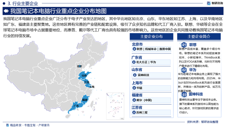 我国笔记本电脑行业重点企业广泛分布于电子产业发达的地区，其中华北地区如北京、山东，华东地区如江苏、上海，以及华南地区如广东、福建是主要聚集地。这些地区拥有完善的产业链和配套设施，吸引了众多知名品牌和代工厂商入驻。联想、华硕等企业在全球笔记本电脑市场中占据重要地位，而惠普、戴尔等代工厂商也具有较强的市场影响力。这些地区的企业共同推动着我国笔记本电脑行业的持续发展。