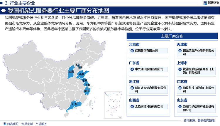 我国机架式服务器行业参与者众多，且中外品牌竞争激烈。近年来，随着国内技术发展水平日益提升，国产机架式服务器品牌逐渐拥有更强市场竞争力。从企业整体竞争情况分析，浪潮、华为和中兴等国产机架式服务器生产领先企业不仅具有较强的技术实力，也拥有生产运输成本更低等优势，因此近年来逐渐占据了我国更多的机架式服务器市场份额，位于行业竞争第一梯队；而惠普等国际品牌则凭借其产品质量及品牌知名度积累，仍在我国机架式服务器市场占据不俗地位。