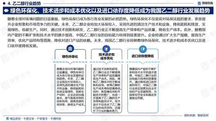 随着全球对环境问题的日益重视，绿色环保已成为各行各业发展的必然趋势。绿色环保化不仅是应对环保法规的要求，更是提升企业形象和市场竞争力的关键。未来，乙二醇企业将加大环保投入，采用先进的清洁生产技术和设备，降低能耗和排放，实现绿色、低碳生产。同时，通过技术创新和研发，乙二醇行业正不断提高生产效率和产品质量，降低生产成本。此外，随着国内产能的不断扩张和技术水平的逐步提高，中国乙二醇行业的自给能力将得到显著提升。企业将通过扩大生产规模、提高生产效率、优化产品结构等措施，降低对进口产品的依赖。未来，我国乙二醇行业将朝着绿色环保化、技术进步和成本优化以及进口依存度降低发展。