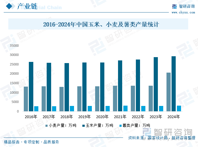 2016-2024年中国玉米、小麦及薯类产量统计