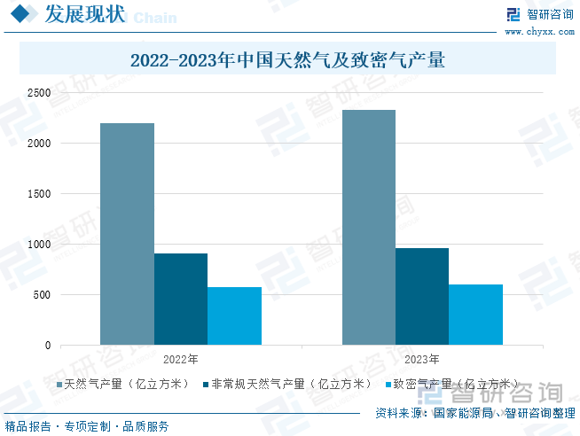 2022-2023年中國天然氣及致密氣產(chǎn)量