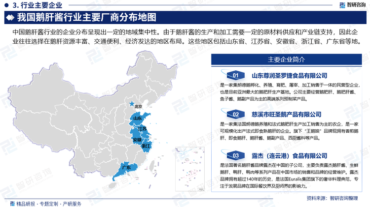 中国鹅肝酱行业的企业分布呈现出一定的地域集中性。由于鹅肝酱的生产和加工需要一定的原材料供应和产业链支持，因此企业往往选择在鹅肝资源丰富、交通便利、经济发达的地区布局。这些地区包括山东省、江苏省、安徽省、浙江省、广东省等地。