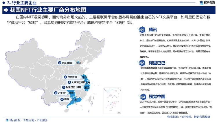 在国内NFT发展初期，面对海外市场火热的，主要互联网平台积极布局纷纷推出自己的NFT交易平台，如阿里巴巴公布数字藏品平台“鲸探”，网易星球的数字藏品平台；腾讯的交易平台“幻核”等。