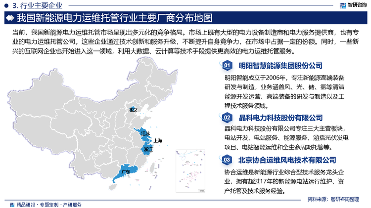 当前，我国新能源电力运维托管市场呈现出多元化的竞争格局。市场上既有大型的电力设备制造商和电力服务提供商，也有专业的电力运维托管公司。这些企业通过技术创新和服务升级，不断提升自身竞争力，在市场中占据一定的份额。同时，一些新兴的互联网企业也开始进入这一领域，利用大数据、云计算等技术手段提供更高效的电力运维托管服务。行业内大型上市企业包括明阳智能、晶科科技、国能日新等，此外，还包括北京协合运维风电技术有限公司、特变电工新疆新能源股份有限公司、北京金鸿泰科技有限公司、甘肃上航电力运维有限公司等专业运维企业。