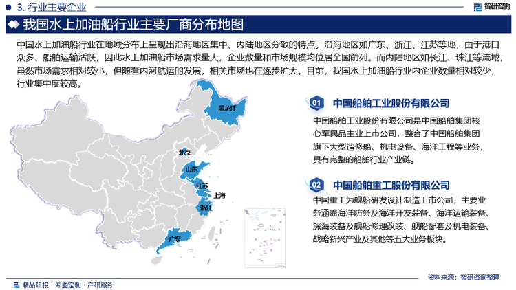 中国水上加油船行业在地域分布上呈现出沿海地区集中、内陆地区分散的特点。沿海地区如广东、浙江、江苏等地，由于港口众多、船舶运输活跃，因此水上加油船市场需求量大，企业数量和市场规模均位居全国前列。而内陆地区如长江、珠江等流域，虽然市场需求相对较小，但随着内河航运的发展，相关市场也在逐步扩大。目前，我国水上加油船行业内企业数量相对较少，行业集中度较高。