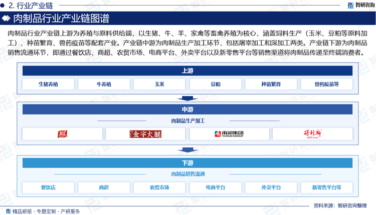 肉制品行业产业链上游为养殖与原料供给端，以生猪、牛、羊、家禽等畜禽养殖为核心，涵盖饲料生产（玉米、豆粕等原料加工）、种苗繁育、兽药疫苗等配套产业。产业链中游为肉制品生产加工环节，包括屠宰加工和深加工两类，市场代表参与者有双汇发展、金字火腿、华统股份、龙大美食、雨润食品、安井食品、得利斯等。产业链下游为肉制品销售流通环节，即通过餐饮店、商超、农贸市场、电商平台、外卖平台以及新零售平台等销售渠道将肉制品传递至终端消费者。