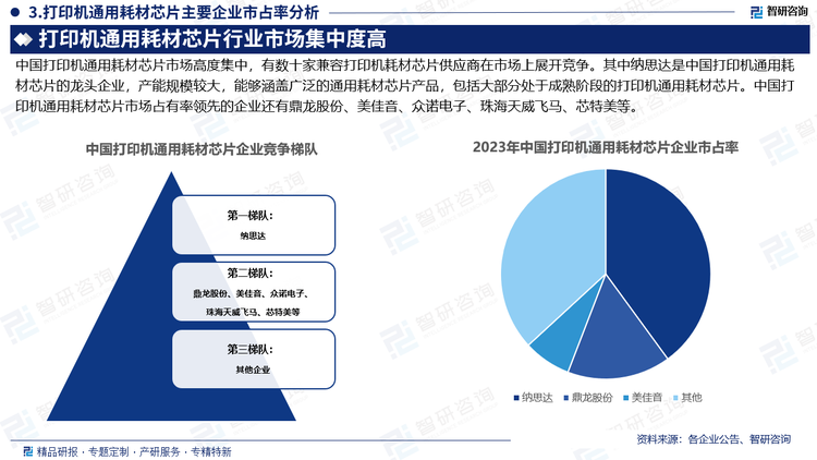 中国打印机通用耗材芯片市场高度集中，有数十家兼容打印机耗材芯片供应商在市场上展开竞争。其中纳思达是中国打印机通用耗材芯片的龙头企业，产能规模较大，能够涵盖广泛的通用耗材芯片产品，包括大部分处于成熟阶段的打印机通用耗材芯片。中国打印机通用耗材芯片市场占有率领先的企业还有鼎龙股份、美佳音、众诺电子、珠海天威飞马、芯特美等。