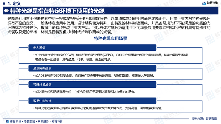 光缆是利用置于包覆护套中的一根或多根光纤作为传输媒质并可以单独或成组使用的通信线缆组件。目前行业内对特种光缆还没有严格的定义，一般将特定应用中使用，设计结构较为特殊、由特殊的材料制造而成，并具备常规光纤不能满足的功能的光纤统称为特种光纤。根据目前特种光缆行业内产品，可以总体将其分为适用于不同场景应用要求结构或外层材料具有特殊性的光缆以及无论结构、材料是否特殊但以特种光纤制作而成的光缆。 