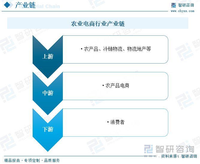 我国农业电商行业产业链较长，主要包括供货方、供应商、电商、物流、终端消费者。即电商平台从供货方、供应商采购蔬菜水果、肉禽蛋品、水产海鲜等农产品，通过兴建仓储和冷链物流将生鲜配送给终端消费者。由于大部分农产品具有不易保存、易于腐烂的特点，冗长的供应链降低了商品的流通效率，加大了其损耗，成为行业一大痛点。因此，如何缩短供应链、提高物流效率，是降低生鲜电商成本的关键。随着新零售热潮的来临，产地直采、农场直销以及前置仓等创新模式兴起，为缩短供应链，降低成本提供了多样化的思路。