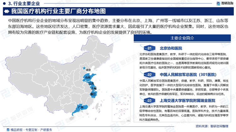 中国医疗机构行业企业的地域分布呈现出明显的集中趋势，主要分布在北京、上海、广州等一线城市以及江苏、浙江、山东等东部沿海地区。这些地区经济发达，人口密集，医疗资源需求量大，因此吸引了大量的医疗机构企业聚集。同时，这些地区也拥有较为完善的医疗产业链和配套设施，为医疗机构企业的发展提供了良好的环境。