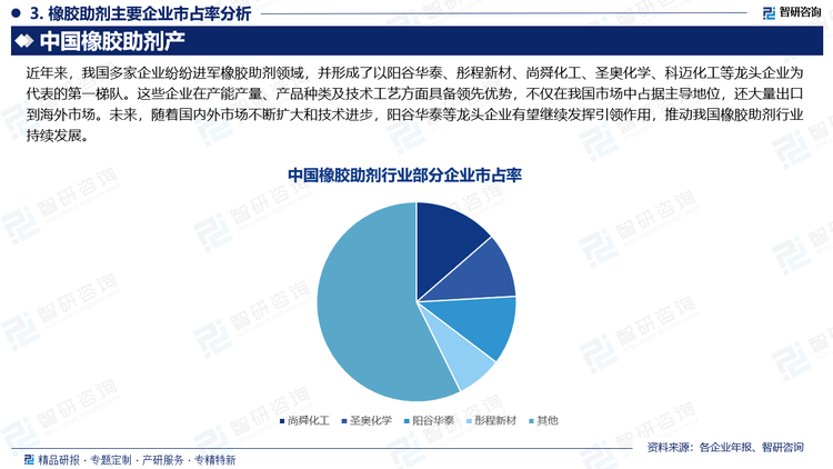 近年来，我国多家企业纷纷进军橡胶助剂领域，并形成了以阳谷华泰、彤程新材、尚舜化工、圣奥化学、科迈化工等龙头企业为代表的第一梯队。这些企业在产能产量、产品种类及技术工艺方面具备领先优势，不仅在我国市场中占据主导地位，还大量出口到海外市场。未来，随着国内外市场不断扩大和技术进步，阳谷华泰等龙头企业有望继续发挥引领作用，推动我国橡胶助剂行业持续发展。