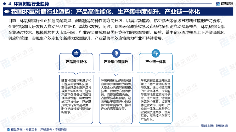 目前，环氧树脂行业正加速向耐高温、耐腐蚀等特种性能方向升级，以满足新能源、航空航天等领域对材料性能的严苛要求，企业持续加大研发投入推动产品专业化、高端化发展。同时，我国环保政策收紧及市场竞争加剧推动资源整合，环氧树脂头部企业通过技术、规模优势扩大市场份额，行业逐步形成具备国际竞争力的领军集群。最后，链中企业通过整合上下游资源优化供应链管理，实现生产效率和创新能力双重提升，产业链协同效应将助力行业可持续发展。