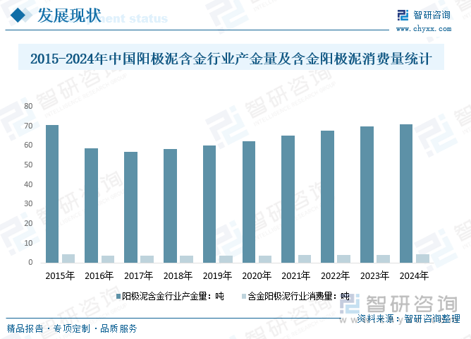 2015-2024年中国阳极泥含金行业产金量及含金阳极泥消费量统计