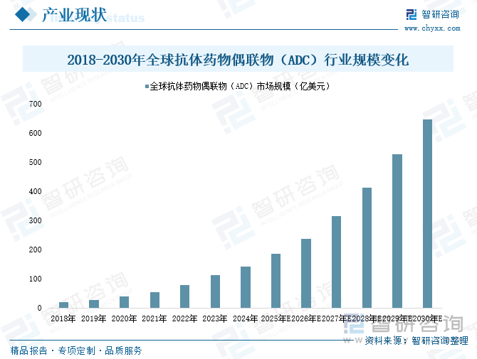 2018-2030年全球抗体药物偶联物（ADC）行业规模变化