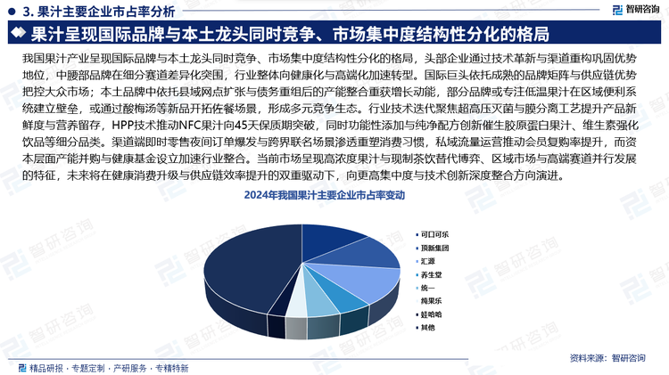 我国果汁产业呈现国际品牌与本土龙头同时竞争、市场集中度结构性分化的格局，头部企业通过技术革新与渠道重构巩固优势地位，中腰部品牌在细分赛道差异化突围，行业整体向健康化与高端化加速转型。国际巨头依托成熟的品牌矩阵与供应链优势把控大众市场；本土品牌中依托县域网点扩张与债务重组后的产能整合重获增长动能，部分品牌或专注低温果汁在区域便利系统建立壁垒，或通过酸梅汤等新品开拓佐餐场景，形成多元竞争生态。行业技术迭代聚焦超高压灭菌与膜分离工艺提升产品新鲜度与营养留存，HPP技术推动NFC果汁向45天保质期突破，同时功能性添加与纯净配方创新催生胶原蛋白果汁、维生素强化饮品等细分品类。渠道端即时零售夜间订单爆发与跨界联名场景渗透重塑消费习惯，私域流量运营推动会员复购率提升，而资本层面产能并购与健康基金设立加速行业整合。当前市场呈现高浓度果汁与现制茶饮替代博弈、区域市场与高端赛道并行发展的特征，未来将在健康消费升级与供应链效率提升的双重驱动下，向更高集中度与技术创新深度整合方向演进。