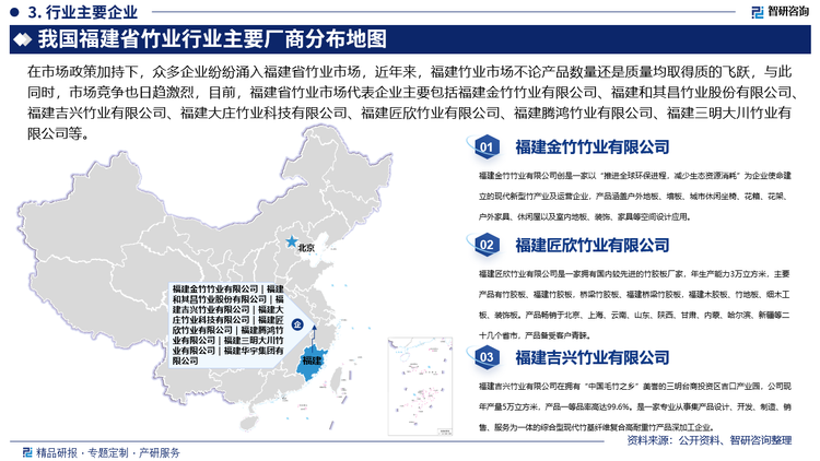 在市场政策加持下，众多企业纷纷涌入福建省竹业市场，近年来，福建竹业市场不论产品数量还是质量均取得质的飞跃，与此同时，市场竞争也日趋激烈，目前，福建省竹业市场代表企业主要包括福建金竹竹业有限公司、福建和其昌竹业股份有限公司、福建吉兴竹业有限公司、福建大庄竹业科技有限公司、福建匠欣竹业有限公司、福建腾鸿竹业有限公司、福建三明大川竹业有限公司等。