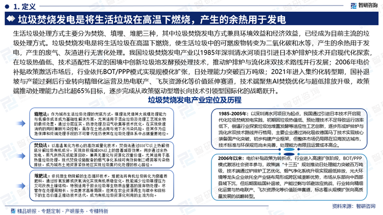 生活垃圾处理方式主要分为焚烧、填埋、堆肥三种，其中垃圾焚烧发电方式兼具环境效益和经济效益，已经成为目前主流的垃圾处理方式。垃圾焚烧发电是将生活垃圾在高温下燃烧，使生活垃圾中的可燃废物转变为二氧化碳和水等，产生的余热用于发电，产生的废气、灰渣进行无害化处理。我国垃圾焚烧发电产业以1985年深圳清水河项目引进日本炉排炉技术开启现代化探索，在垃圾热值低、技术适配性不足的困境中创新垃圾池发酵预处理技术，推动炉排炉与流化床双技术路线并行发展；2006年电价补贴政策激活市场后，行业依托BOT/PPP模式实现规模化扩张，日处理能力突破百万吨级；2021年进入集约化转型期，国补退坡与产能过剩后行业转向精细化运营及热电联产、飞灰资源化等价值延伸赛道，技术端聚焦AI焚烧优化与超低排放升级，政策端推动处理能力占比超65%目标，逐步完成从政策驱动型增长向技术引领型国际化的战略跃升。