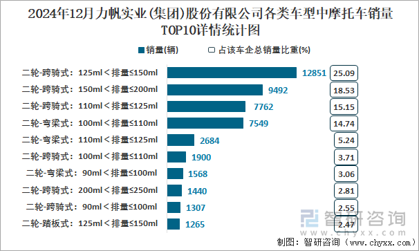 2024年12月力帆实业(集团)股份有限公司各类车型中摩托车销量TOP10详情统计图