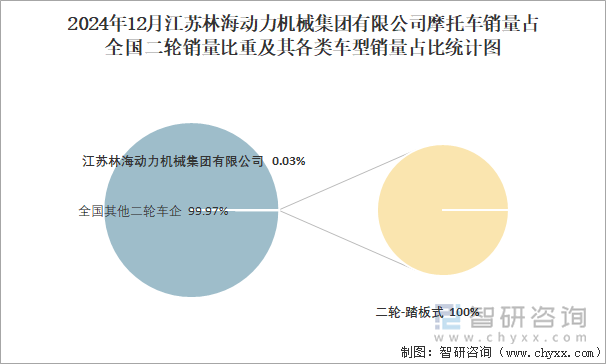 2024年12月江苏林海动力机械集团有限公司销量占全国二轮销量比重及其各类车型销量占比统计图